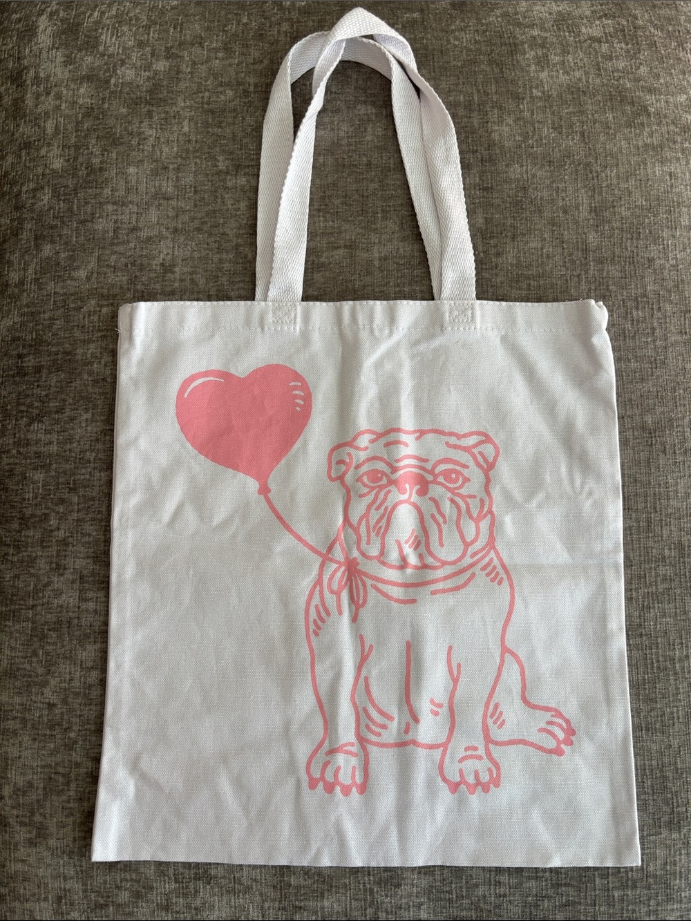 White Tote Bag with Pink Bulldog and Heart Balloon - Pet Lover Canvas Tote